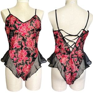 Vintage Victoria’s Secret Gold Label Sheer Floral Red & Black Bodysuit Teddy